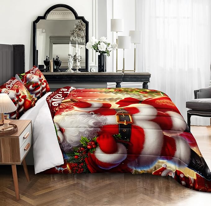 Bedorm Red Christmas Bedding Comforter Santa Claus Comforter Set Green Red Christmas Tree Holiday Decor Boys Girls Cute Xmas Quilt Comforter Set King Size