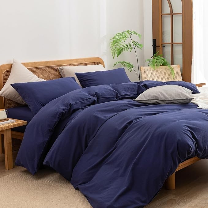 BESTOUCH Duvet Cover Set 100% Washed Cotton Linen Feel Super Soft Comfortable Chic Lightweight 3 PCs Home Bedding Set Solid Navy Blue Oversized King