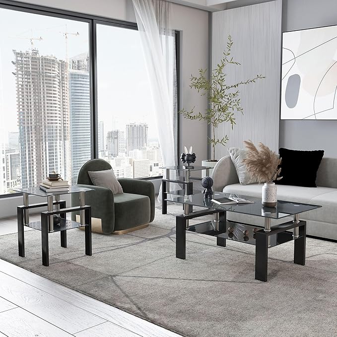 IANIYA 3 Piece Living Room Table Set, Modern Tempered Glass Coffee Table Set, Glass Coffee Table Black Metal Frame End Table for Living Room Apartment Small Space