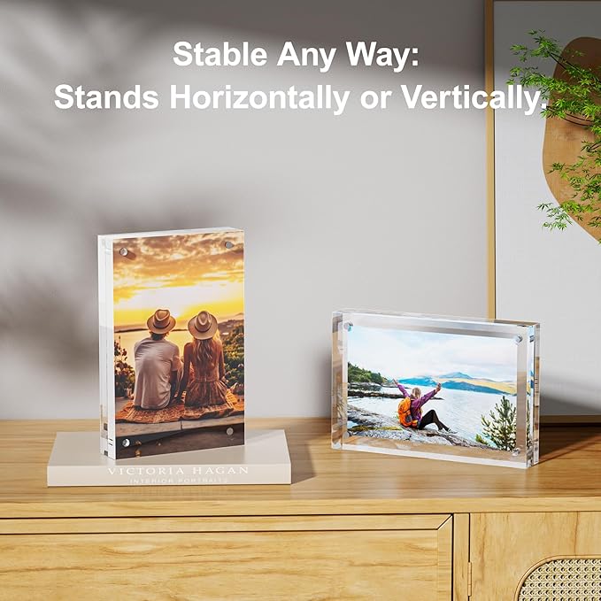 3 Pack 8x8 Acrylic Picture Frames - 20% Thicker Double Sided Magnetic Frame with UV Protection - Freestanding Clear Frameless Display for Tabletops - Modern Photo Frame Set for Home & Office Decor