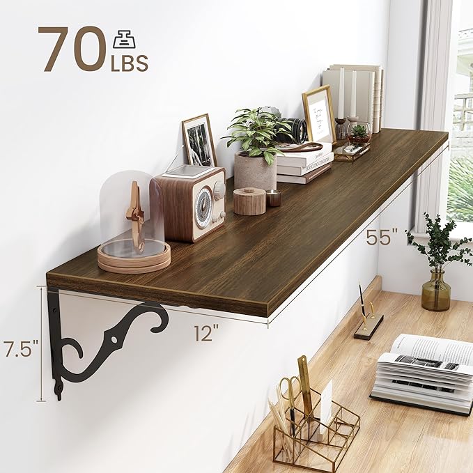 Fun Memories 55 Inch Floating Shelves, Long Floating Shelves Wall-Mounted, 12 Inch Deep Bookshelf with Bracket, 55" W x 12" D Shelves for Wall Display & Storage, Walnut, Set of 2