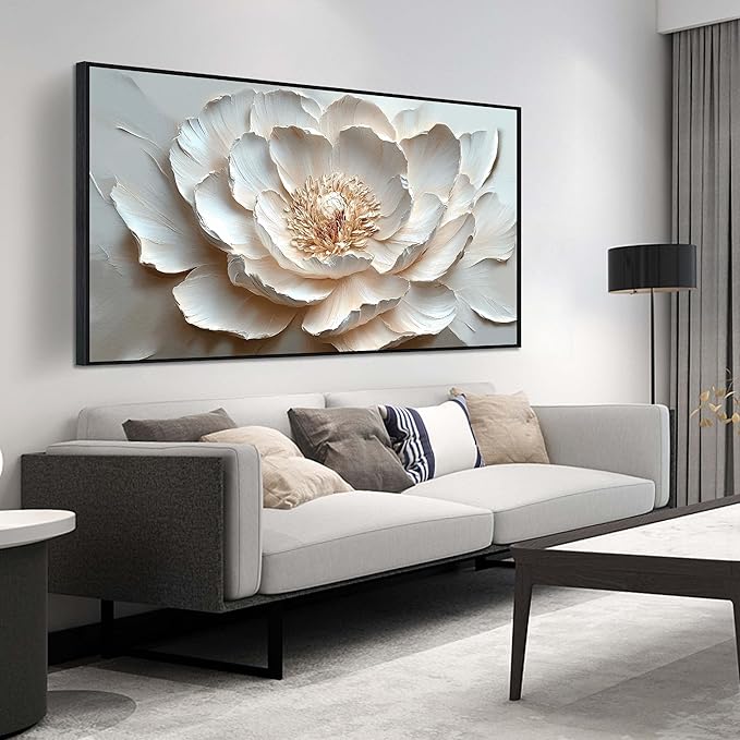 Flower Art Wall Decor for Living Room - White Canvas Wall Art for Office - Large Black Framed Wall Art for Bedroom Size 29" x 59"