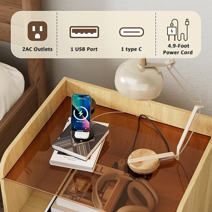 Mid Century Modern Nightstand with Charging Station, Fluted Night Stand, Bedside Table with Glass Top & Metal Legs, Wood End Table for Bedroom, Living Room (Natural)