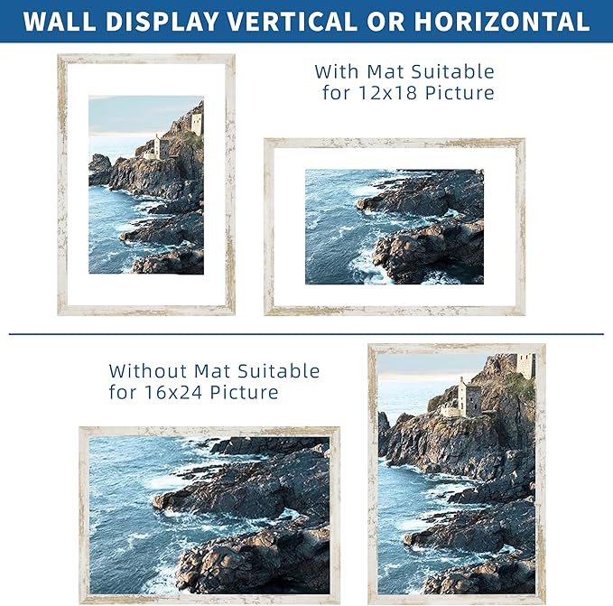 16x24 Frame Set of 2, Distressed White Wood Style - Display 16 x 24 Picture without Mat or 12x18 Picture with Mat, Wall Mounting Horizontal and Vertical