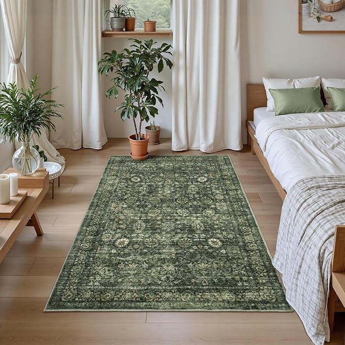 Morebes Washable Green Area Rugs 4x6, Vintage Boho Rugs for Bedroom, Soft Distressed Indoor Floor Non-Slip Non-Shedding Living Room Throw Carpet for Kitchen Dining Playroom Entryway