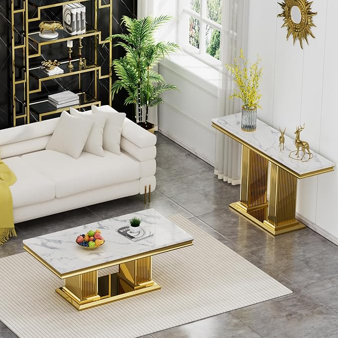 SSLine Modern White Faux Marble Console Table Luxury Entryway Table with Gold Pedestal Base 46.8" Mid-Century Elegant Sofa Table w/Mirrored Stainless Steel Frame for Living Room Hallway