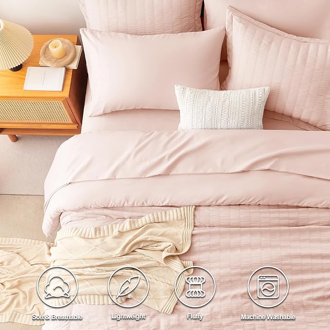 CozyLux Full Size Comforter Sets with Sheets Seersucker 7 Pieces Blush Pink Bed in a Bag Textured Luxury Soft Bedding Set with Down Alternative Comforter, Sheets, Pillowcases & Shams for All Seasons