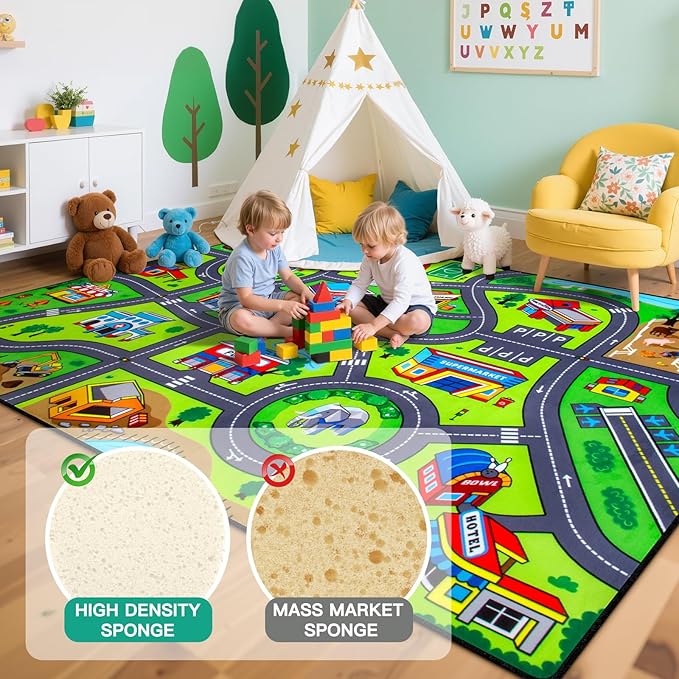 Road Car Rug, 3x5 Ft City Road Rug for Kids, Extra Thick (0.4in) Kids Floor Play Mat and Car Carpet with Realistic Colors - Perfect for Children, Soft and Non-Slip for Playroom and Bedroom