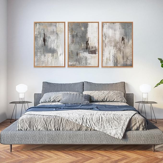 Large Abstract Grey and Beige Framed Canvas Wall Art,Neutral Brush Stroke Wall Decor,Natural Modern Color Block Artwork,Minimalist Nordic Art Print for Living Room,Bedroom,Office-24 x36 x3
