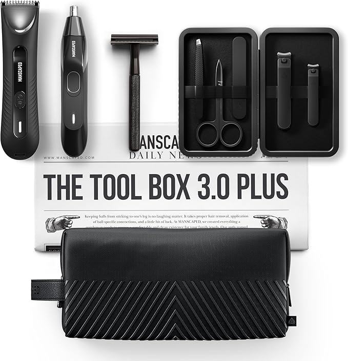 MANSCAPED® Tool Box 3.0 Plus with: The Lawn Mower® 3.0 Plus Groin Hair Groomer, Weed Whacker® 2.0 Nose Hair Trimmer, The Plow® 2.0 Razor, The Shears 3.0 Five Piece Nail Kit, The Shed 2.0 Toiletry Bag