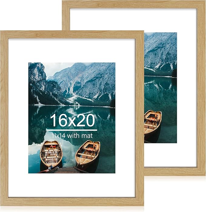 16x20 Frames Set of 2, Natural Oak Wood Style - Display 16 x 20 Picture without Mat or 11x14 Picture with Mat, Wall Mounting Horizontal and Vertical