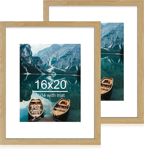 16x20 Frames Set of 2, Natural Oak Wood Style - Display 16 x 20 Picture without Mat or 11x14 Picture with Mat, Wall Mounting Horizontal and Vertical