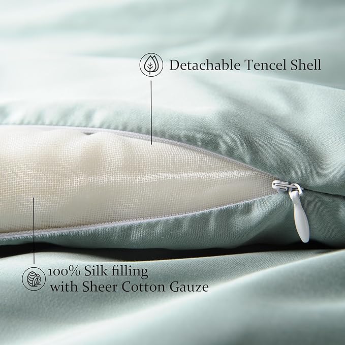CUDDLE DREAMS Silk Filled Comforter for All Season, Detachable Tencel Duvet Cover for Easy Care, Naturally Breathable (Celadon, Twin)