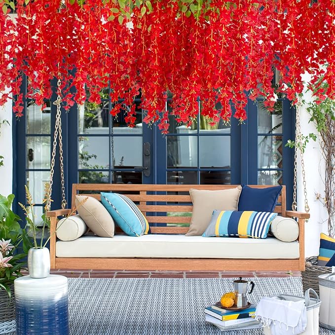 24 Pack Artificial Fake Wisteria Vine Ratta (3.75 Feet) Hanging Garland Silk Flowers String Home Party Wedding Decor (Red)