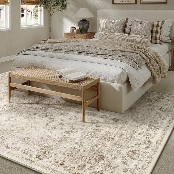 10x14 Neutral Area Rug Beige Floral Living Room Bedroom Large Carpet Non-Slip Low Pile Vintage Soft Thin Washable Throw Rug for Dining Room Office Kitchen Indoor Nursery