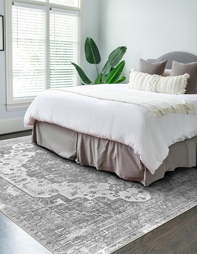 vivorug 5x7 Area Rugs, Stain Resistant Washable Rug for Living Room, Vintage-Inspired Grey Floral Rug