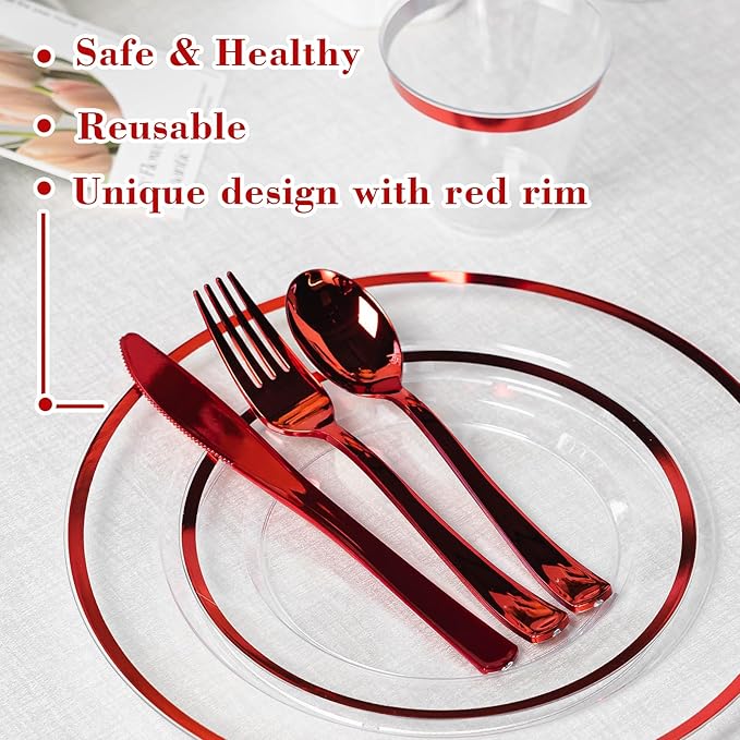 N9R 600PCS Red Disposable Plates, Heavy Duty Plastic Dinnerware Set for 100 Guests Includes 100 Dinner & Dessert Plates, Cups, Spoons, Forks, and Knives, Perfect for Parties, Weddings,and Daily Use