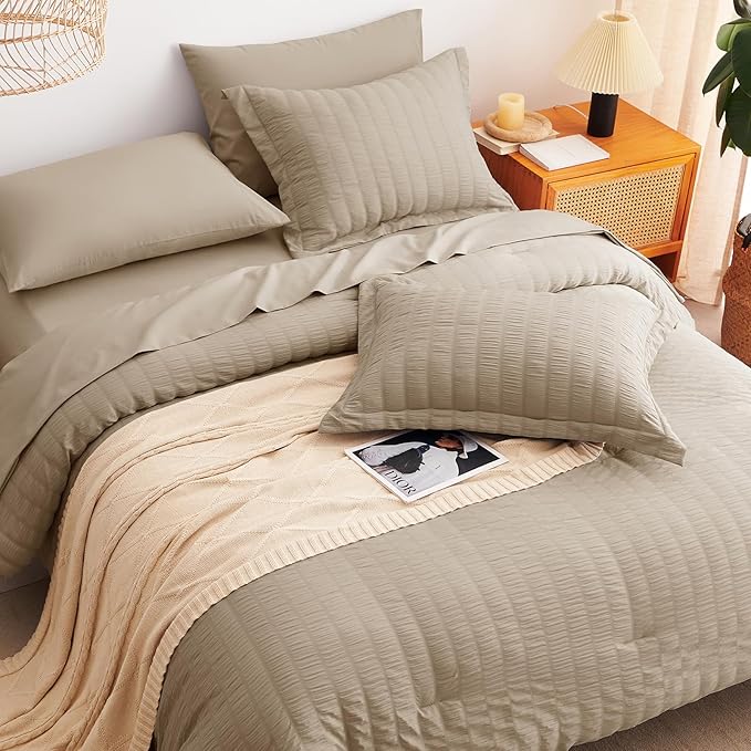 CozyLux Full Size Comforter Sets with Sheets Seersucker 7 Pieces Taupe Bed in a Bag Textured Luxury Soft Bedding Set with Down Alternative Comforter, Sheets, Pillowcases & Shams for All Seasons