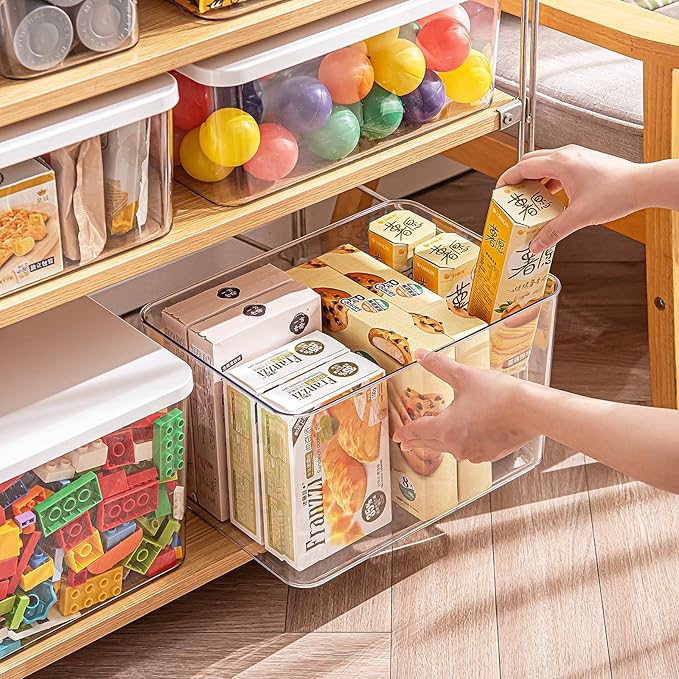 Clear plastic storage bins with LIDS-4packs,storage containers for snacks, cosmetics, books, dog food, Storage Organizer for Nursery，Kitchen, Living room,Bedroom, Bathroom, Office (Clear-White Lid)
