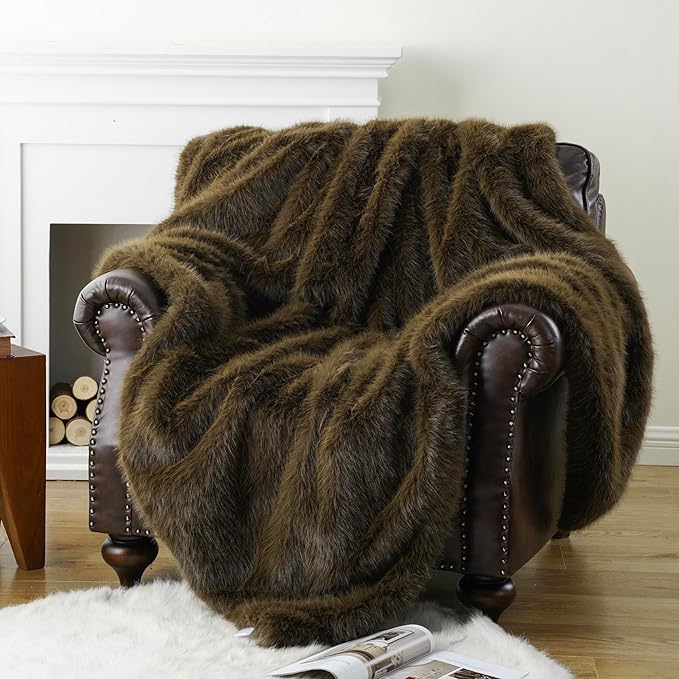 BATTILO HOME Luxury Fluffy Olive Green Faux Fur Throw Blanket, Cozy Warm Fur Blanket for Couch, Sofa, Chair, Bed, Plush Fuzzy Fur Throws with Long Pile, 50"x60"