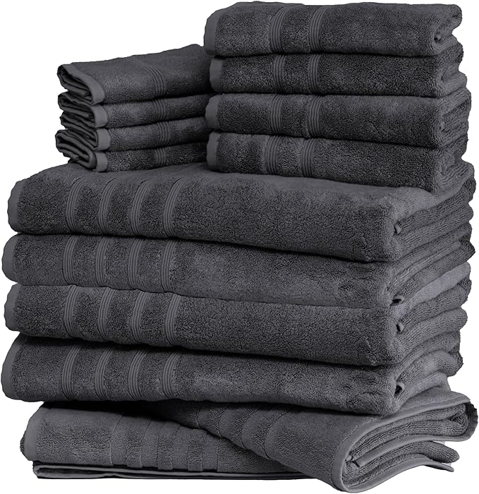 Mosobam Luxury Turkish 14pc XL Deluxe Bath Bundle Body Hand Face Towel and Mat Charcoal Gray (Dark Grey) 700 GSM & 1000 GSM Bamboo Viscose & Aegean Turkish Combed Cotton