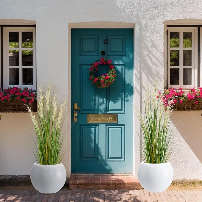 13.5 H x 17" Dia (12" Pot Opening) White Round Fiberstone Tall Planter with Drainage Hole, Indoor/Outdoor Large Plant