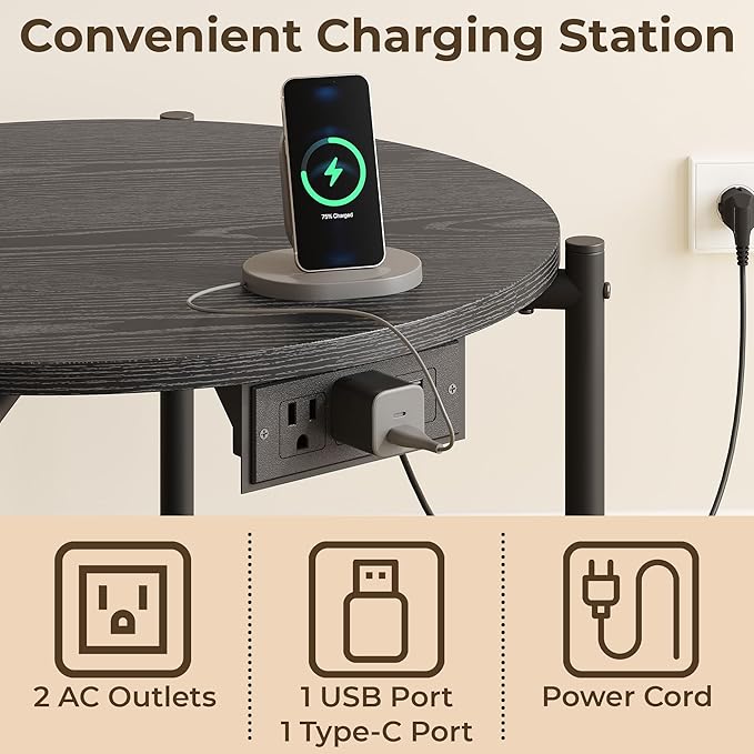 LIKIMIO Round End Table with Charging Station, 23.6" W Wooden Side Table with 2-Tier Storage, Modern Nightstand for Small Spaces, Living Room, Bedroom, Black