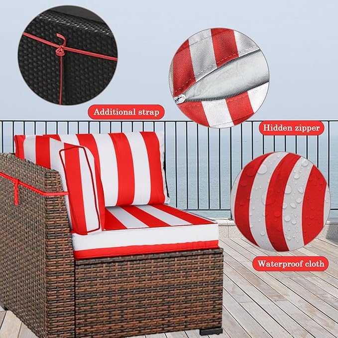 Outdoor Furniture Replacement Cushions, 14 Pcs Water-Resistant Replacement Sofa Cushion for Patio Garden Porch (Liner&Cover,Only Cushions No Sofa) (Red and White Stripes)
