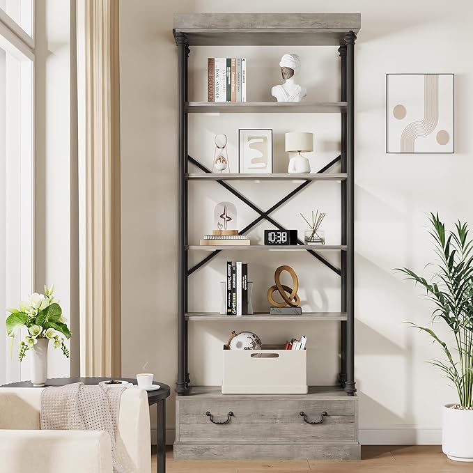 GarveeHome 81.3" Bookshelf with Storage Drawer, Tall Bookcase w/Metal Frame, 5 Tier Vintage Bookshelf Industry Display Storage Shelf for Office Living Room Library Bedroom