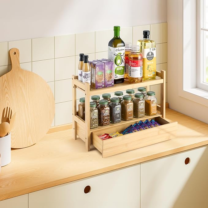 Sorbus Bamboo Bathroom Counter Organizer – 2-Tier Shelf with Hidden Drawer for Vanity, Matcha Station, Bathroom Sink Organizer Countertop, Kitchen & Office Storage (17″ L x 6.5″ W x 12.6″ H)