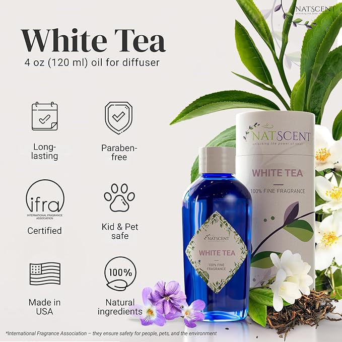 White Tea Essential Oils for Diffusers for Home, Nature-derived White Tea Diffuser Oil, Long-Lasting & Family-Friendly Diffuser Oils Scents, IFRA Certified, Cold Air & Ultrasonic - 4 oz