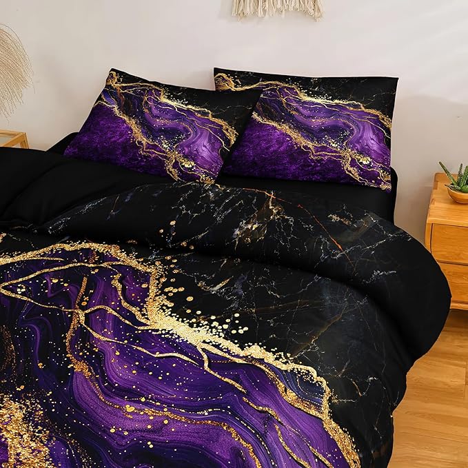 Gold Comforter Set 8 Pcs Purple Marble Bedding Set King Size Bed in A Bag Purple and Black Marble Stone Texture Abstract Room Decor Bed Comforter