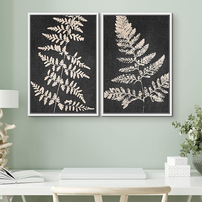 SIGNWIN Canvas Print Wall Art Set Black Tan Forest Fern Plant Leaf Silhouette Nature Wilderness Illustrations Modern Art Rustic Multicolor for Living Room, Bedroom, Office - 24"x36"x2 White