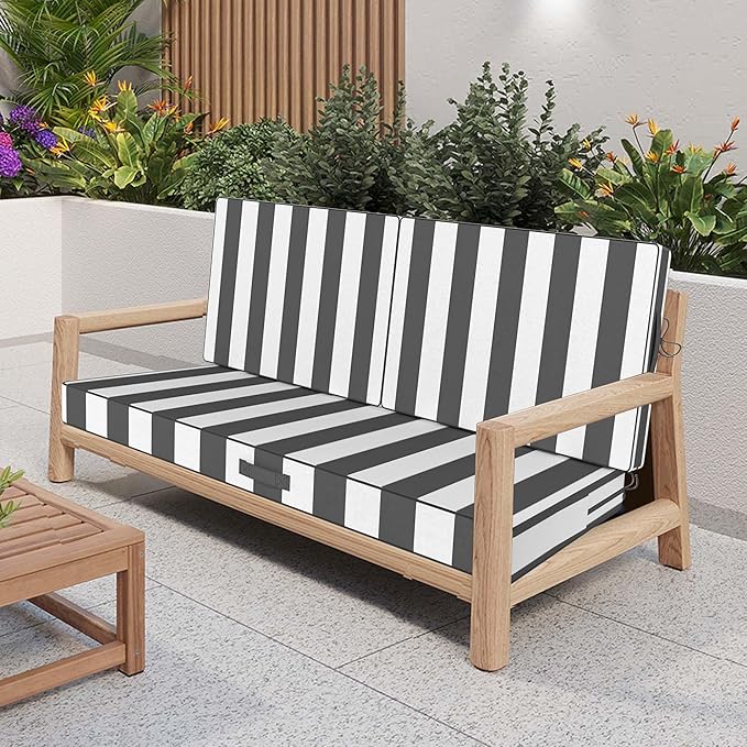 Outdoor Loveseat Cushion Set 46 x 26 Inch, Waterproof & Fade-Resistant Deep Seat Patio Cushions with Removable Cover, Ties & Hidden Zipper,Patio Love Seat Sofa Cushions for Sofa Bench Couch,GrayStripe