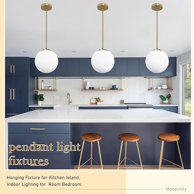 13.7" Globe Pendant Light 3-light Gold Mid Century Modern Light Fixture Milk Glass Pendant Light Globe Pendant Lights Kitchen Island Brushed Brass Finished with Milk Glass Lampshade for bedroom