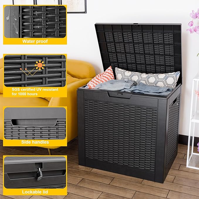 31 Gallon Wicker Pattern Resin Deck Box, Lockable Patio Outdoor Storage Box for Furniture, Garden Tools and Tools Storage, Waterproof Outside Storage Box - Black