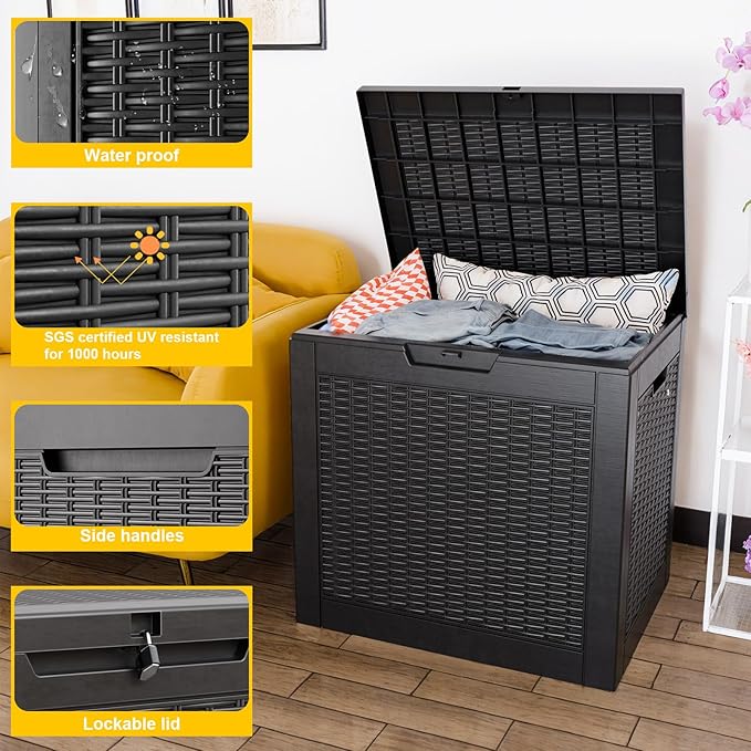 ROJIK 30Gallon Outdoor Storage Box - Waterproof Patio Furniture Deck Box, Garden Tools, Cushions, Pool Accessories Storage Bench with Lockable Lid and Side Handles (Black Rattan, 30 Gal)