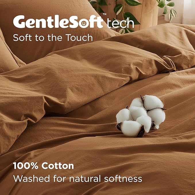 Bedsure 100% Washed Cotton Duvet Cover King Size - Brown Minimalist Cotton Duvet Cover Linen Like for All Seasons - GentleSoft™ Plain Simple Bedding, 3 Pieces (Brown, King, 104"x90")