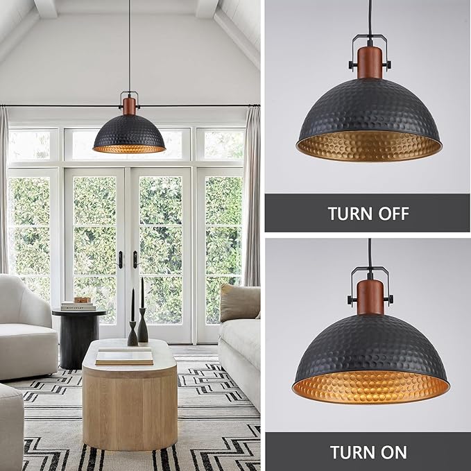 12 Inch Black Pendant Lights Hammered Matte Pendant Lights for Kitchen Island Industrial Farmhouse Adjustable Height Dome Hanging Light Fixtures for Barn, Dining Room 1 Pack