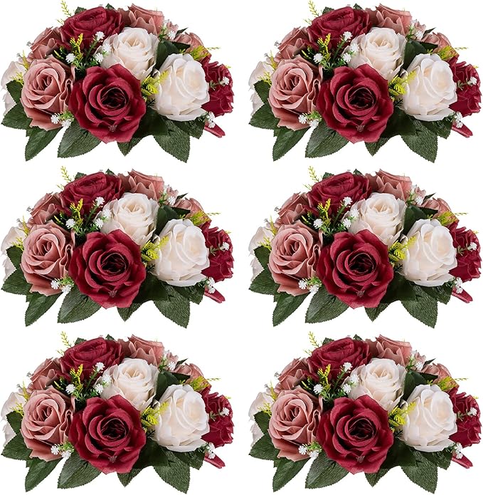 Nuptio Artificial Flower Centrepieces for Tables - 6 Pcs Burgundy & Dusty Rose & Creamy White Fake Flowers Roses Balls 9.5in Diam - Silk Faux Rose Arrangement for Wedding Party Centerpiece Table Decor