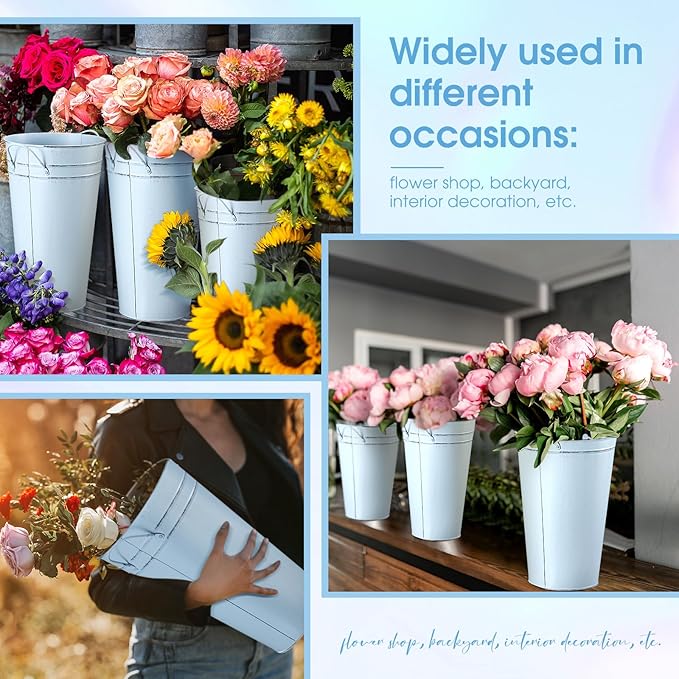 Irenare 12 Inch Vintage Galvanized Flower Bucket Metal Flower Vase Farmhouse French Bucket Planter Metal Floral Container for Party Table Centerpiece Weddings Home(Pale Blue,6 Pcs)