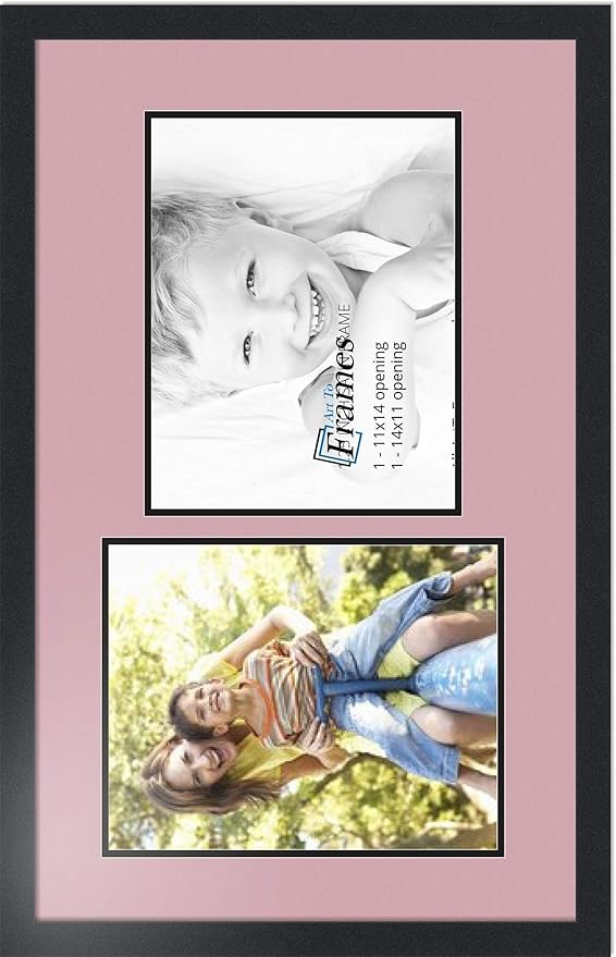 ArtToFrames Collage Photo Frame Double Mat with 2-11x14 Openings with Satin Black Frame and Seashell mat.