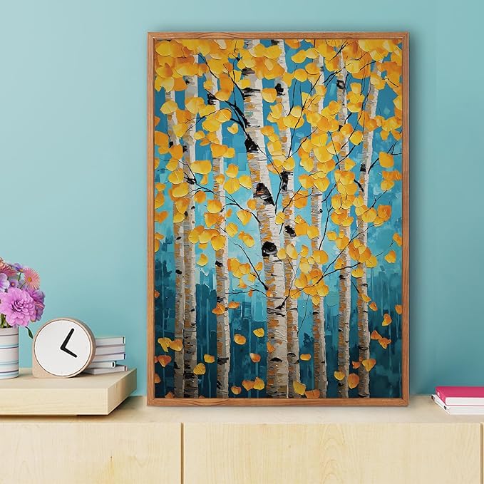 LHIUEM 16"x24"x3-Nature Landscape Prints,Monet Tree Framed Canvas Wall Art,Impressionist Botanical Mottled Shallow Decor,Blue Monet Wall Art Framed Vintage Plants Pictures for Living Room Bedroom