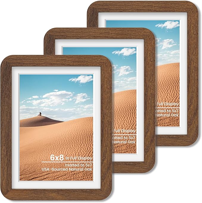 6x8 Round Corner Picture Frame, Solid Oak Wood Frame With Mat For 5x7 And Plexiglass, Includes Hanging Hardware For Wall Or Tabletop Photo Frame, Walnut, 3 Pack