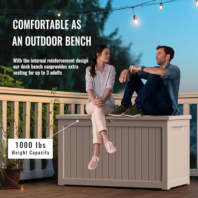 ROJIK Outdoor Storage Housing Deck Box - Waterproof Patio Furniture, Garden Tools, Cushions, Pool Accessories Storage Bench with Lockable Lid and Side Handles (Grey 238 Gal)