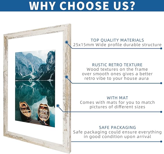 11x17 Frame Set of 2, Distressed White Wood Style - Display 11 x 17 Poster without Mat or 8x12 Picture with Mat, Wall Mounting Horizontal and Vertical