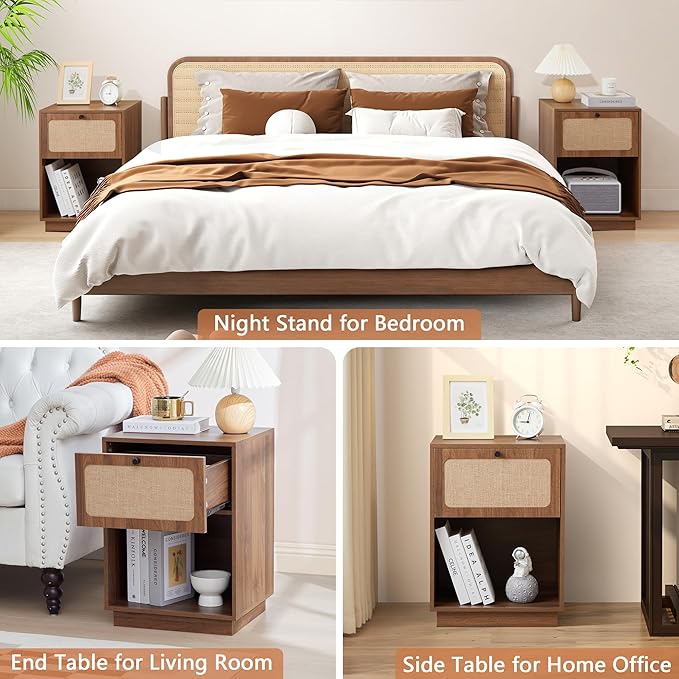 AVZEAR Mid Century Night Stand with Drawer, Farmhouse End Table with Storage & Curved Linen Panel, Modern Nightstands Bedside Table Small Side Tables for Small Space, Bedroom(Walnut)