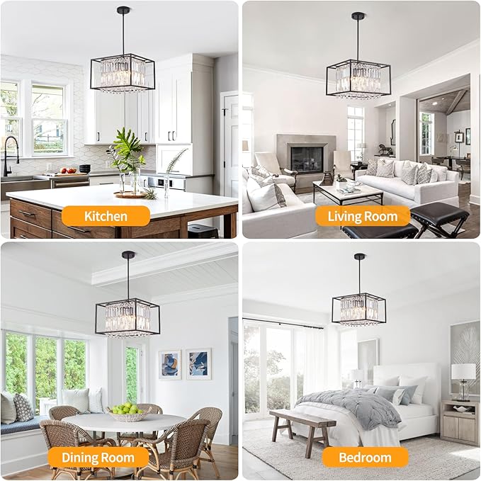Modern 4-Light Dining Room Chandelier,Farmhouse Black Metal Chandelier,Crystal Square Industrial Pendant Light Fixture for Kitchen Island Living Room Foyer Hallway Entryway 15.75"