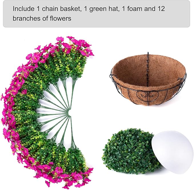 Artificial Fake Hanging Flowers Plants in Basket for Outdoor Decoration, 12 Pcs Faux Morning Glory in Planter Realistic UV Resistant Silk Flowers for Home Porch Patio Balcony Yard Outside, Fuchsia