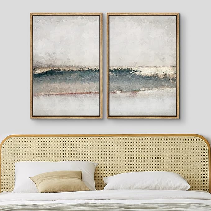 MUDECOR Framed Canvas Print Wall Art Set Watercolor Pastel Gray Teal Landscape Abstract Shapes Illustrations Modern Art Decorative Contemporary for Living Room, Bedroom, Office - 24"x36"x2 Natural